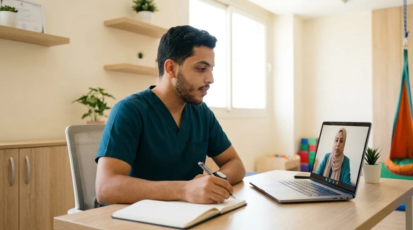 أخصائي من فريق BENE في جلسة استشارة ومتابعة عبر الإنترنت مع ولي أمر