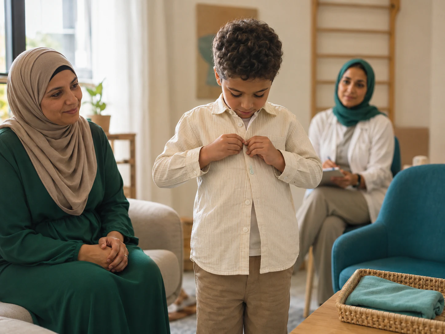 أسرة تطبق نشاطًا وظيفيًا مع طفلها